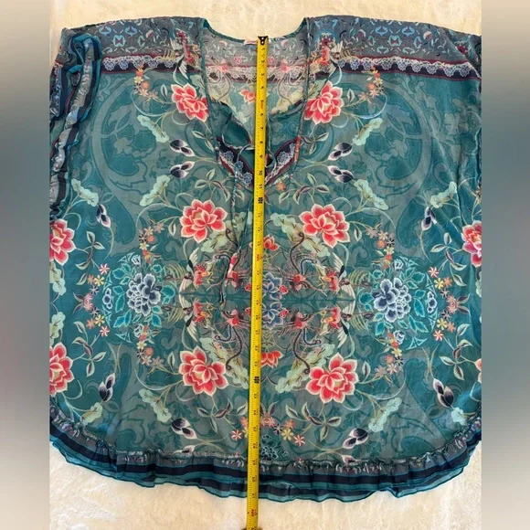 Johnny Was Teal Blue Floral & Birds Lightweight Cotton Ruffle Trim Cover-Up - Picture 12 of 12